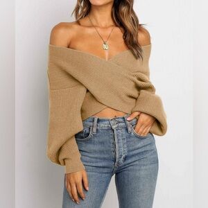 ZCSIA Wrap V Neck Cropped Sweater 2024 Fall Cross Front Off Shoulder Tops